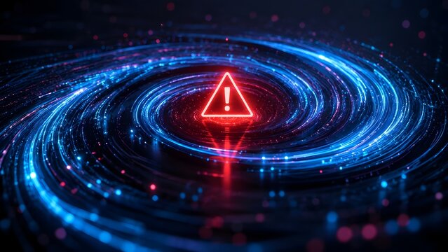 Red glowing warning triangle sign in center of blue digital data vortex indicating critical error or cyber threat