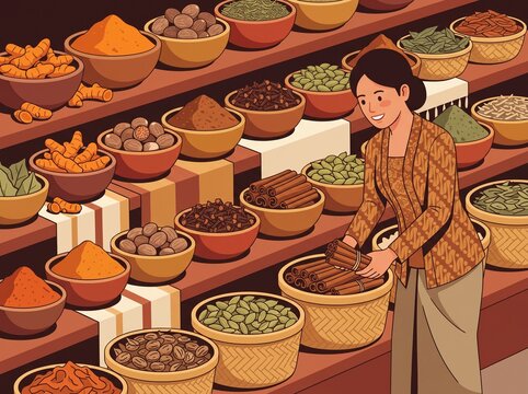 Flat vector illustration of a traditional Indonesian female vendor wearing a batik kebaya arranging various spices and herbs at a local market stall.