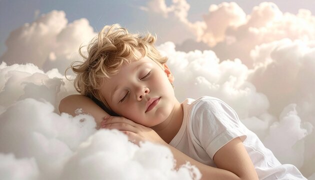 A child is dreaming of sleeping in the clouds.