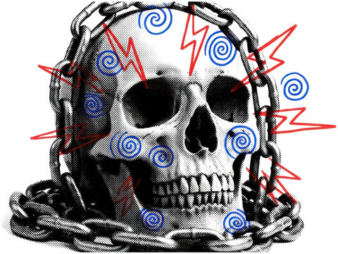 Skull in chains with lightning and swirl doodles.