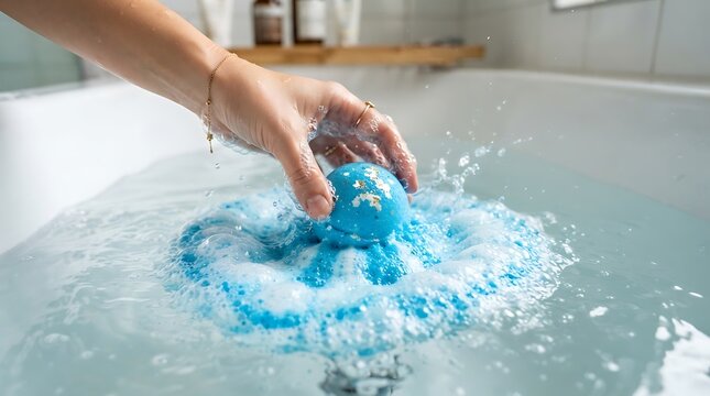 A woman's hand placing a blue bath bomb into a bathtub full of water.