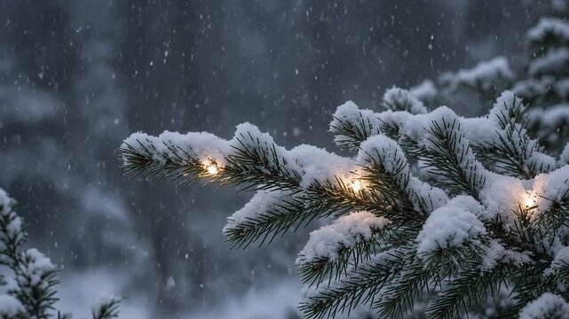 Snowy pine branch with glowing fairy lights, winter forest background with falling snow, festive holiday evergreen tree needles