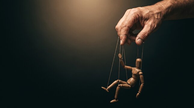 Hand controlling wooden marionette puppet on strings