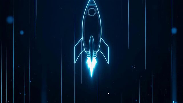 Blue digital rockets launching in abstract futuristic data stream motion with glowing particles