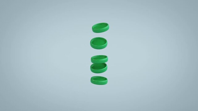 Green upward arrow jumping and transforming into a stack of coins. Concept of financial growth, rising profit, investment returns, revenue increase and business success. 3D Render Animation