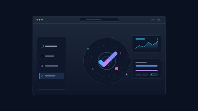Futuristic data dashboard interface, dark mode software analytics UI, digital checkmark verification screen, tech management platform