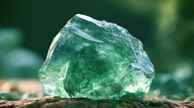 Green fluorite crystal shows translucent facets on a stone surface with natural background lighting and copy space for text.