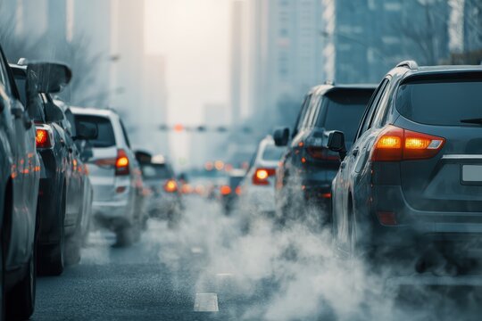 Heavy urban traffic releasing visible exhaust fumes during morning rush hour in a dense city center, illustrating vehicle emissions, air pollution, climate impact and growing environmental concern