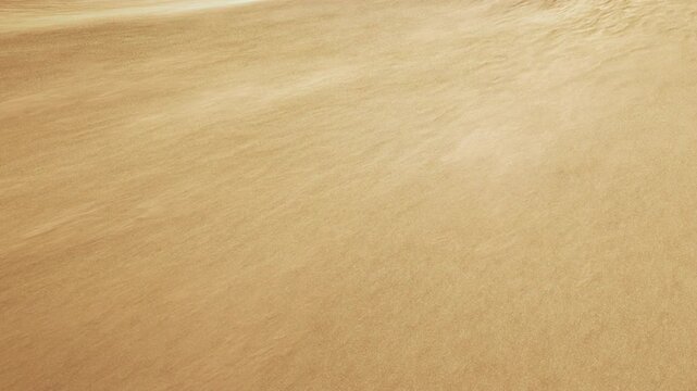 A wide view of golden sand dunes stretching across the landscape under a clear sky. The scene shows the unique texture of the sand formed by the wind, with no plants or animals present.