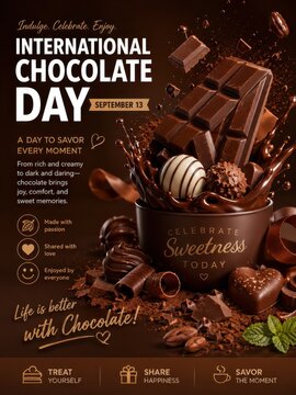 International Chocolate Day celebration poster with rich dark chocolate indulgence
