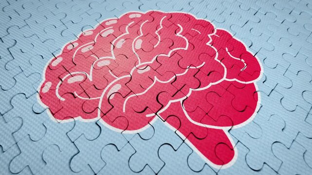 3D animation of the final missing jigsaw piece falling into place to complete a brain-shaped puzzle. Concept of finding a solution, problem solving, insight, understanding and completing a task