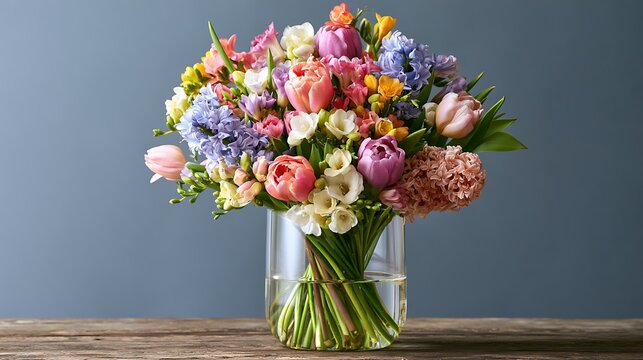 Vibrant spring flower arrangement in clear glass vase