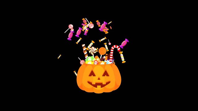 Animated Halloween pumpkin candy explosion, cute jack o lantern popping candy burst for trick or treat