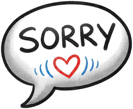SORRY text in dark speech bubble with heart