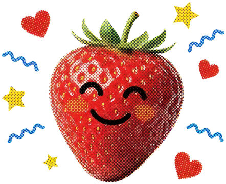 Smiling strawberry character with hearts and stars.