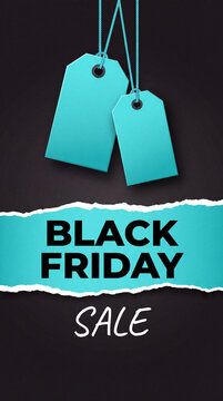 Black Friday sale promotional graphic featuring two blue price tags hanging against a dark background with torn paper effect