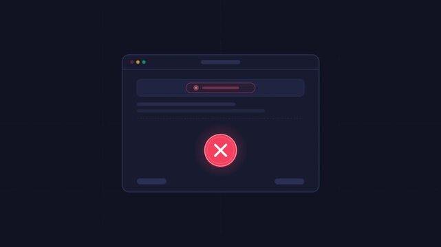 Digital error notification window, red cross cancel icon on dark interface, system failure alert message box, flat UI design animation