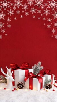 Christmas-themed scene with white gift boxes, red ribbons, pinecones, and a decorative reindeer against a red background with snowflakes