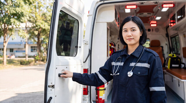 Asian female paramedic stands by open ambulance door, wearing uniform with stethoscope, in a healthcare setting outdoors