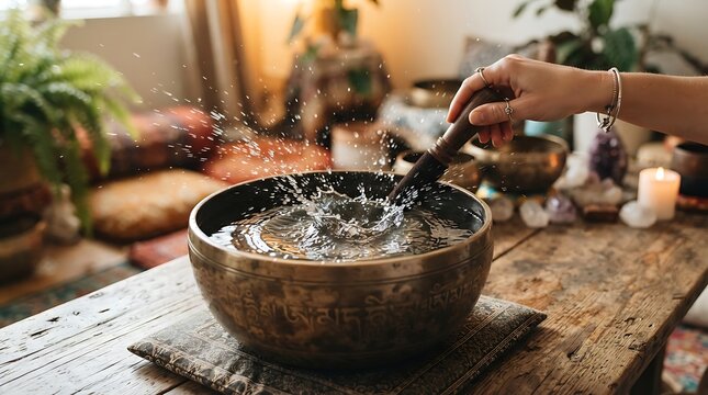 Person striking a Tibetan singing bowl filled with water creating a splash.