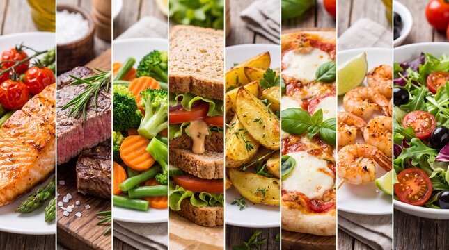Assorted gourmet dishes including grilled salmon, steak, sandwiches, pizza, shrimp, and salads arranged on wooden table with fresh ingredients