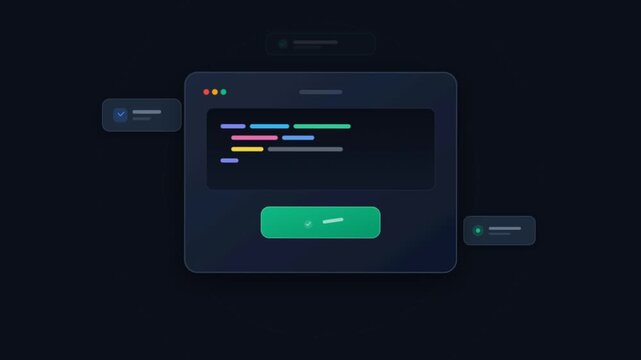 Abstract software code animation, dark mode UI development interface, colorful programming script on digital screen