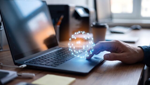 Global network connectivity digital platform, professional hand touching glowing wireframe globe hologram on laptop touchpad at office desk, internet infrastructure, data connectivity