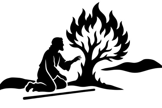Moses Kneeling Before Burning Bush Old Testament Bible Story Revelation Black Silhouette