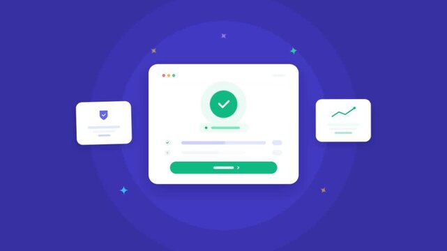 Modern digital interface animation, secure payment confirmation screen, successful transaction checkmark icon on purple background