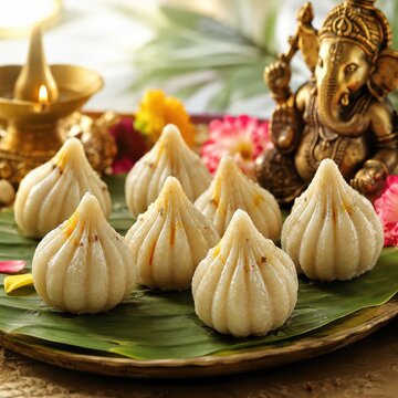 Traditional Indian Modak sweet served during Ganesh Chaturthi festival, a delicacy dedicated to Lord Ganesha