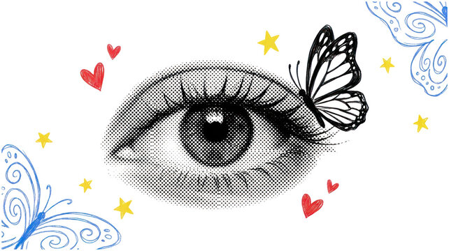 Stylized dotted eye with butterfly and heart graphics.