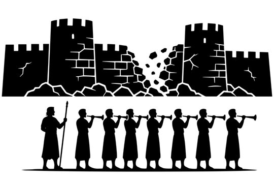 Battle of Jericho Walls Falling Joshua Old Testament Trumpet Horns Silhouette