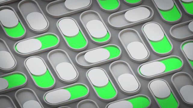 Multiple toggle switches in active and inactive states arranged in an abstract pattern. Concept of modern digital interface and precise control. 3D Render Seamless Loop Animation