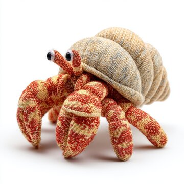 Stuffed Textile Hermit Crab Toy With Red And Yellow Patterns Against A Plain White Background