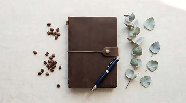 Brown leather notebook with pen and coffee beans