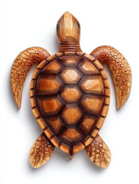 Top View Of A Hand Carved Wooden Sea Turtle Sculpture Isolated On A Crisp Plain White Background