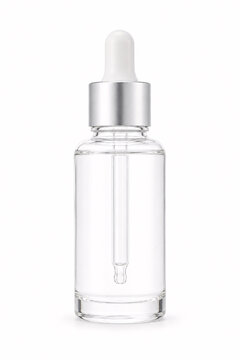 Empty glass dropper bottle on white background