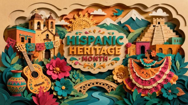 Hispanic Heritage Month paper cut art, celebrating culture with traditional elements and vibrant colors