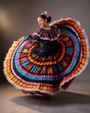 Beautiful Mexican woman dancing in a vibrant, colorful folklorico dress, showcasing traditional culture and artistry
