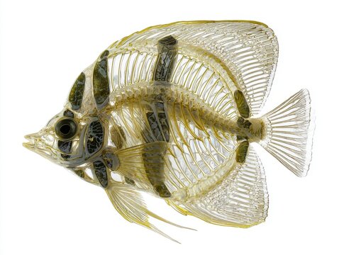 Transparent Tropical Fish Isolated On White Background Showing Detailed Internal Skeleton Structure