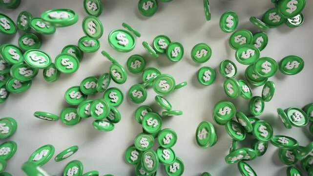 Numerous green coins with dollar symbols falling through the air. Concept of money flow, financial abundance, income, profit, earnings, wealth and finance. 3D Render Animation
