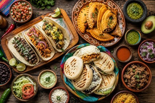 Delicious Mexican food spread on a wooden table, featuring tacos, empanadas, and arepas with various toppings and dips