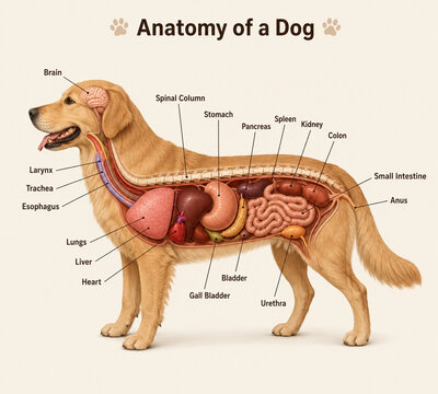AI generated dog anatomy diagram showing internal organs including brain lungs heart liver stomach kidneys intestines bladder spine for biology veterinary education scientific study