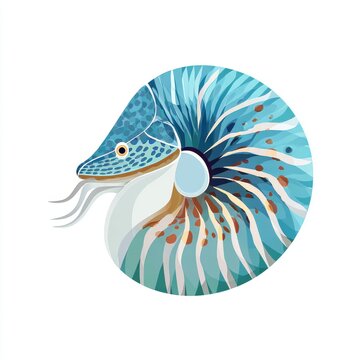 Vibrant Blue Nautlius Shell Illustration With Intricate Patterns Isolated On A Plain White Background
