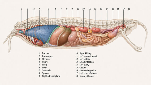 AI generated small mammal anatomy showing lungs heart liver stomach kidneys intestines colon uterus bladder for veterinary biology education scientific study