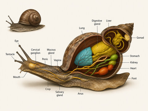 AI generated snail anatomy showing lung digestive gland liver gonad stomach kidney heart nerves glands reproductive organs for biology education scientific study