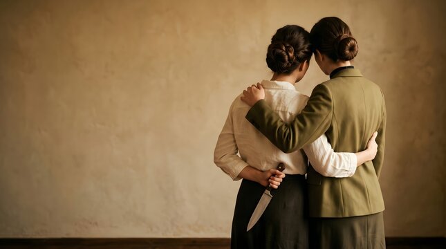Two women embracing while one hides a knife behind back