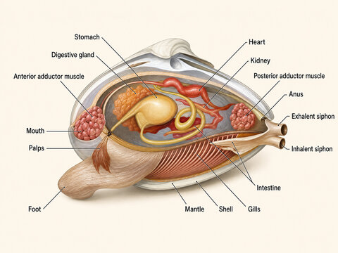 AI generated bivalve anatomy showing shell gills mantle stomach intestine heart kidney siphons adductor muscles digestive gland for biology education scientific study