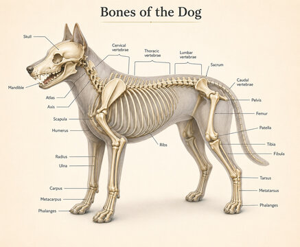 AI generated dog skeletal anatomy showing skull spine ribs pelvis limb bones labeled structures for veterinary biology education scientific study