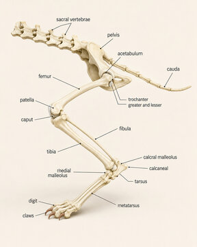 AI generated animal hind limb anatomy showing pelvis femur patella tibia fibula tarsus metatarsus digits joints for veterinary biology education scientific study